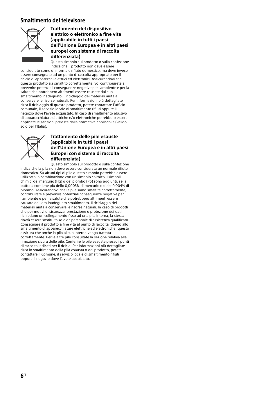 Smaltimento del televisore | Sony KDL-48W585B User Manual | Page 60 / 192