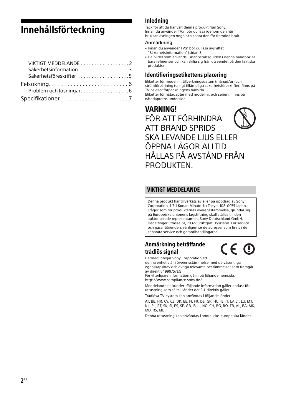 Viktigt meddelande, Innehållsförteckning, Inledning | Identifieringsetikettens placering, Anmärkning beträffande trådlös signal | Sony KDL-48W585B User Manual | Page 66 / 192