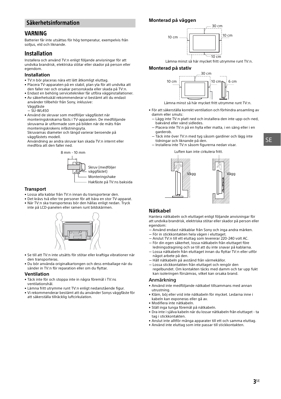 Säkerhetsinformation, Säkerhetsinformation” (sidan 3), Installation | Sony KDL-48W585B User Manual | Page 67 / 192