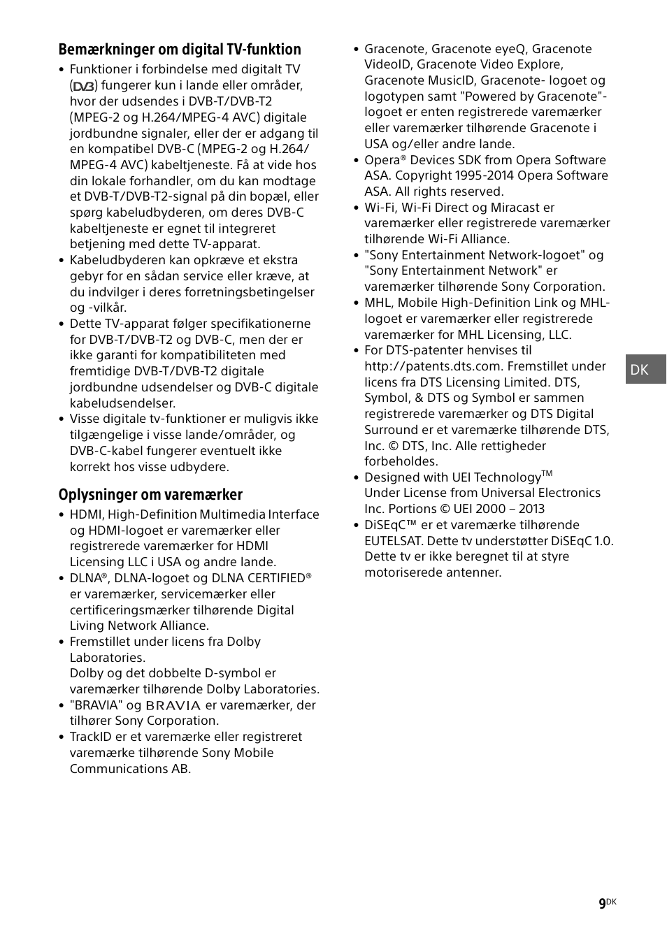 Bemærkninger om digital tv-funktion, Oplysninger om varemærker | Sony KDL-48W585B User Manual | Page 81 / 192