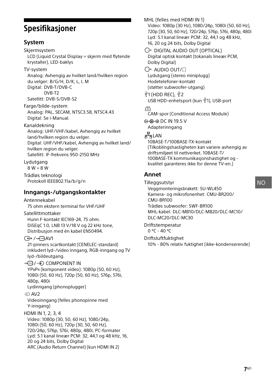Spesifikasjoner, No 7, System | Inngangs-/utgangskontakter, Annet | Sony KDL-48W585B User Manual | Page 95 / 192
