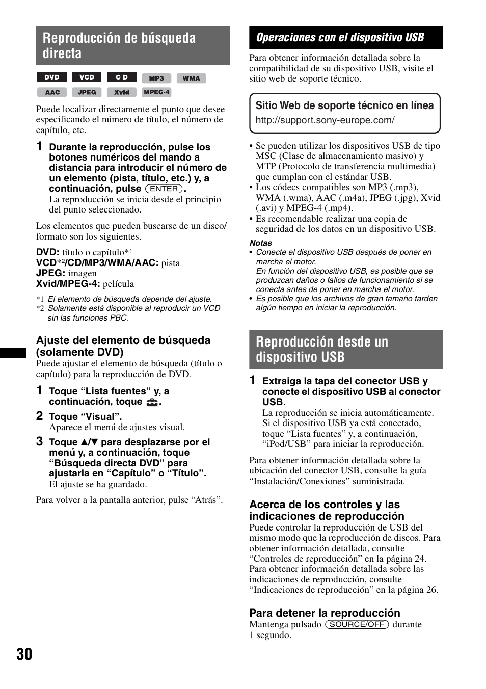 Reproducción de búsqueda directa, Operaciones con el dispositivo usb, Reproducción desde un dispositivo usb | Sony XNV-660BT User Manual | Page 106 / 248