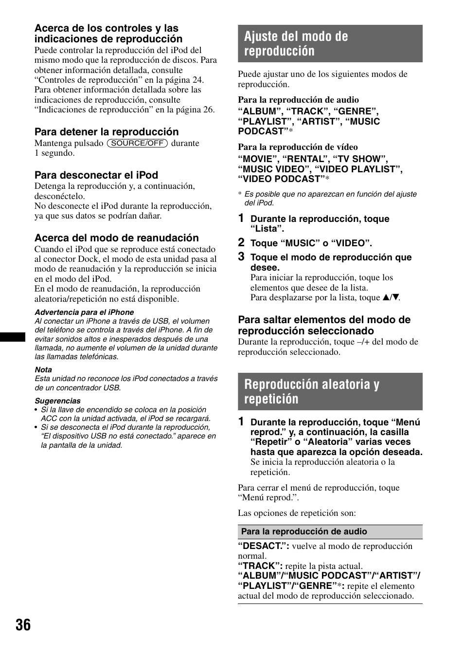 Ajuste del modo de reproducción, Reproducción aleatoria y repetición | Sony XNV-660BT User Manual | Page 112 / 248