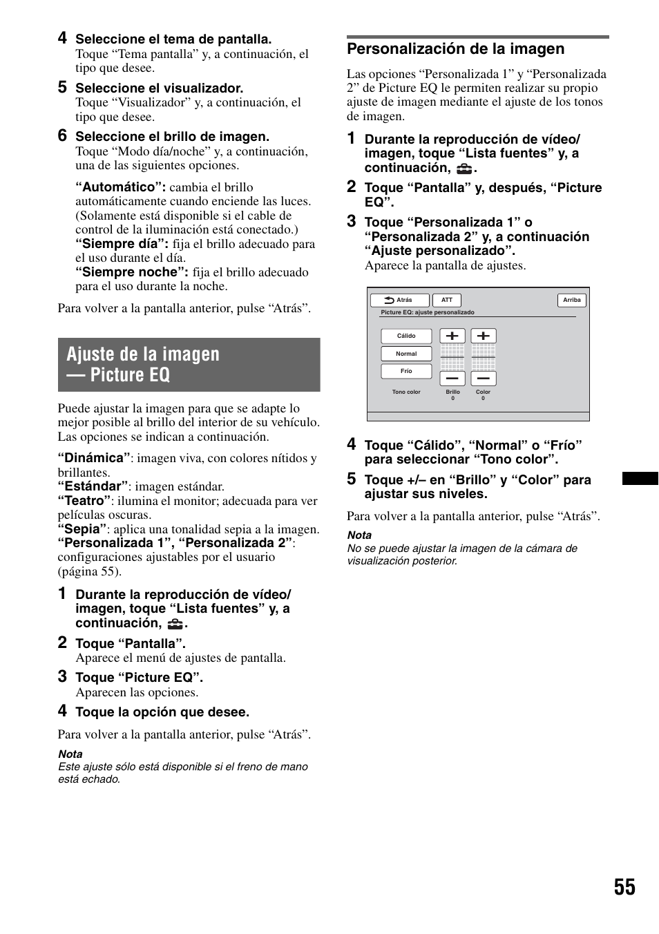 Ajuste de la imagen — picture eq, Personalización de la imagen | Sony XNV-660BT User Manual | Page 131 / 248