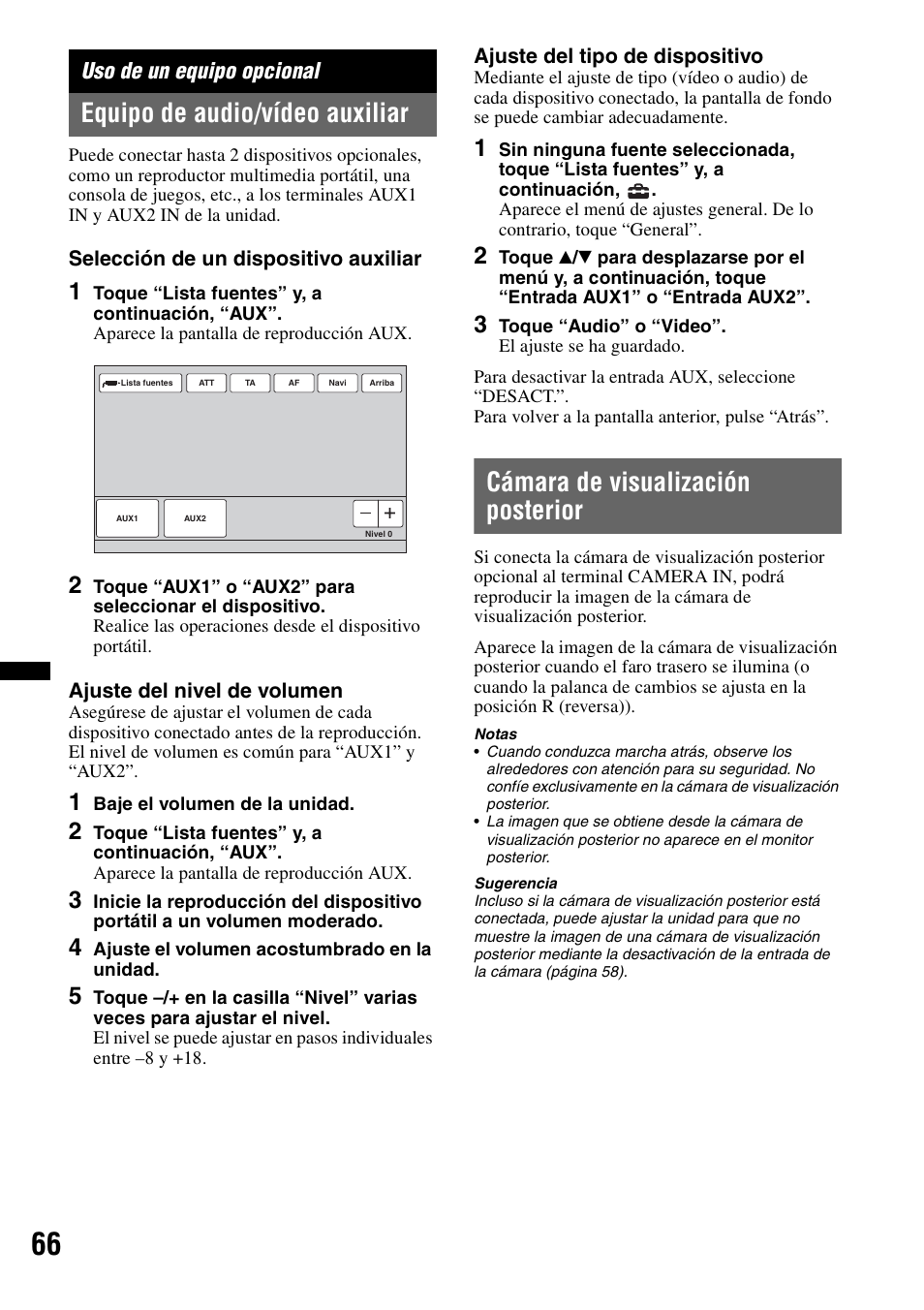 Uso de un equipo opcional, Equipo de audio/vídeo auxiliar, Cámara de visualización posterior | Sony XNV-660BT User Manual | Page 142 / 248