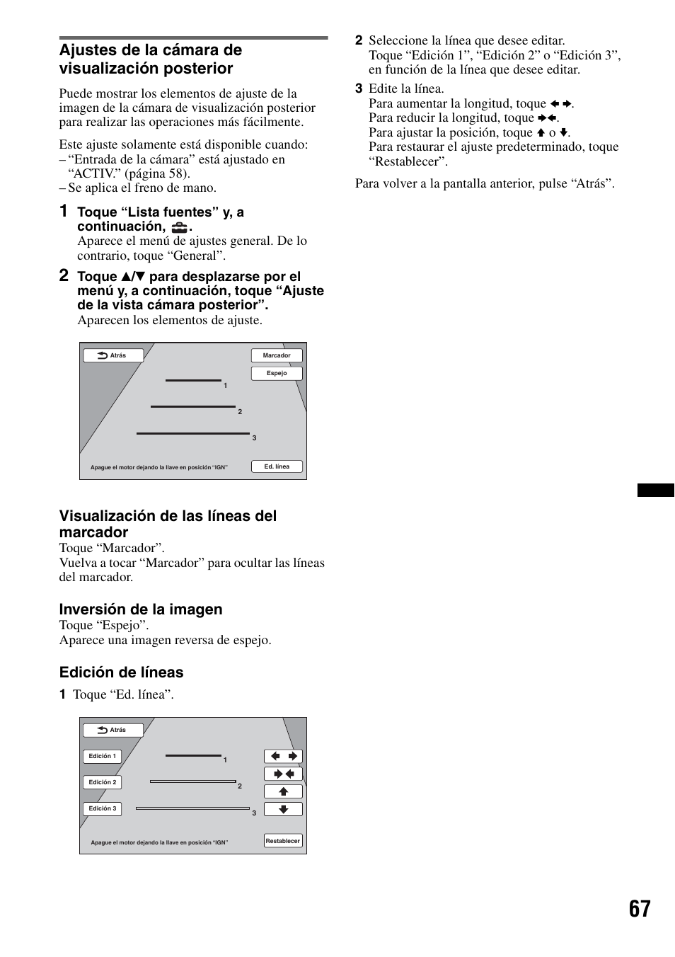 Ajustes de la cámara de visualización posterior, Visualización de las líneas del marcador, Inversión de la imagen | Edición de líneas | Sony XNV-660BT User Manual | Page 143 / 248