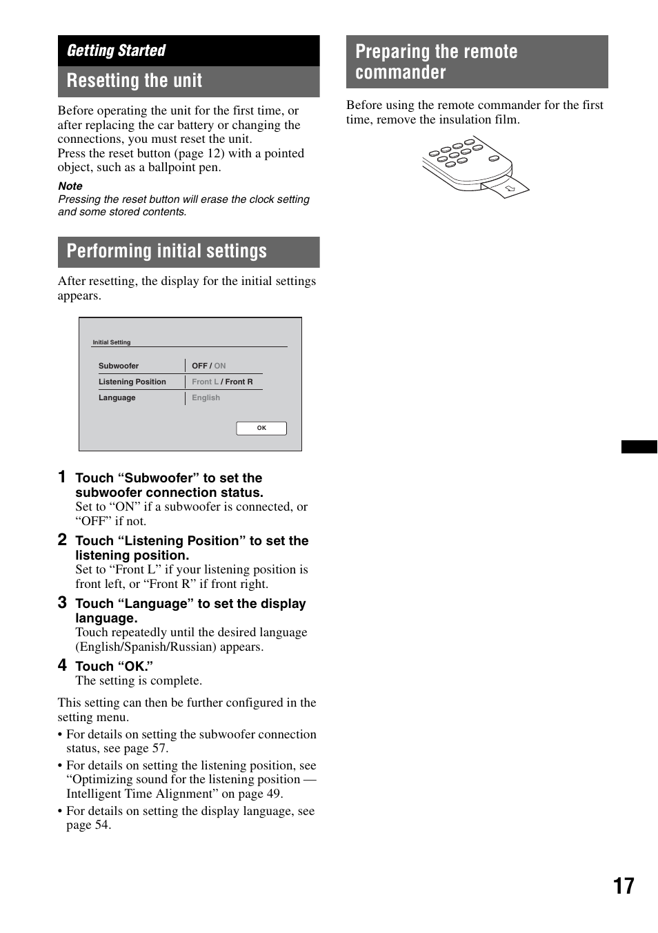 Getting started, Resetting the unit, Performing initial settings | Preparing the remote commander | Sony XNV-660BT User Manual | Page 17 / 248