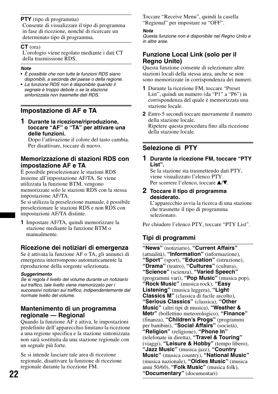 Impostazione di af e ta, Selezione di pty, Impostazione di af e ta selezione di pty | Sony XNV-660BT User Manual | Page 180 / 248