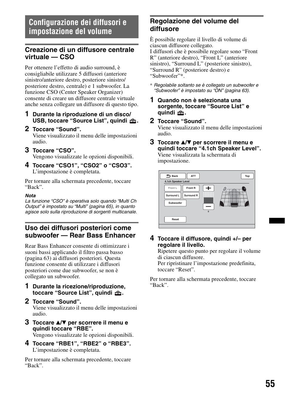 Creazione di un diffusore centrale virtuale — cso, Regolazione del volume del diffusore | Sony XNV-660BT User Manual | Page 213 / 248
