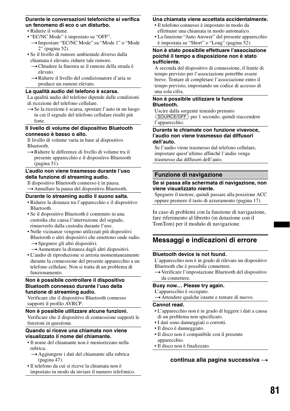 Messaggi e indicazioni di errore | Sony XNV-660BT User Manual | Page 239 / 248