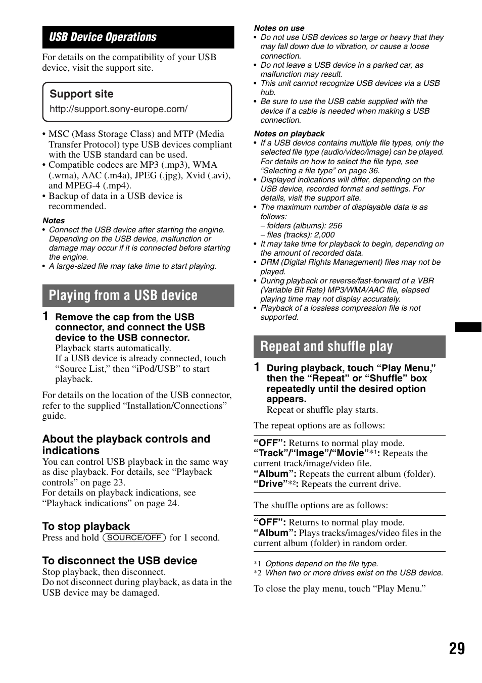 Usb device operations, Playing from a usb device, Repeat and shuffle play | Sony XNV-660BT User Manual | Page 29 / 248