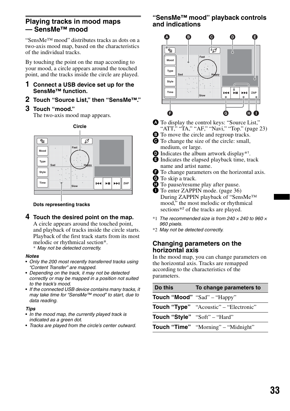 Playing tracks in mood maps — sensme™ mood, Sensme™ mood” playback controls and indications, Changing parameters on the horizontal axis | Sony XNV-660BT User Manual | Page 33 / 248