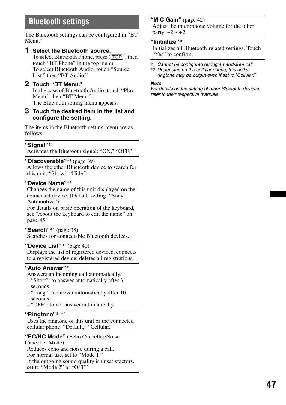 Bluetooth settings | Sony XNV-660BT User Manual | Page 47 / 248