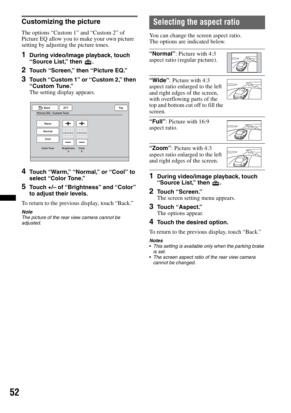 Customizing the picture, Selecting the aspect ratio | Sony XNV-660BT User Manual | Page 52 / 248