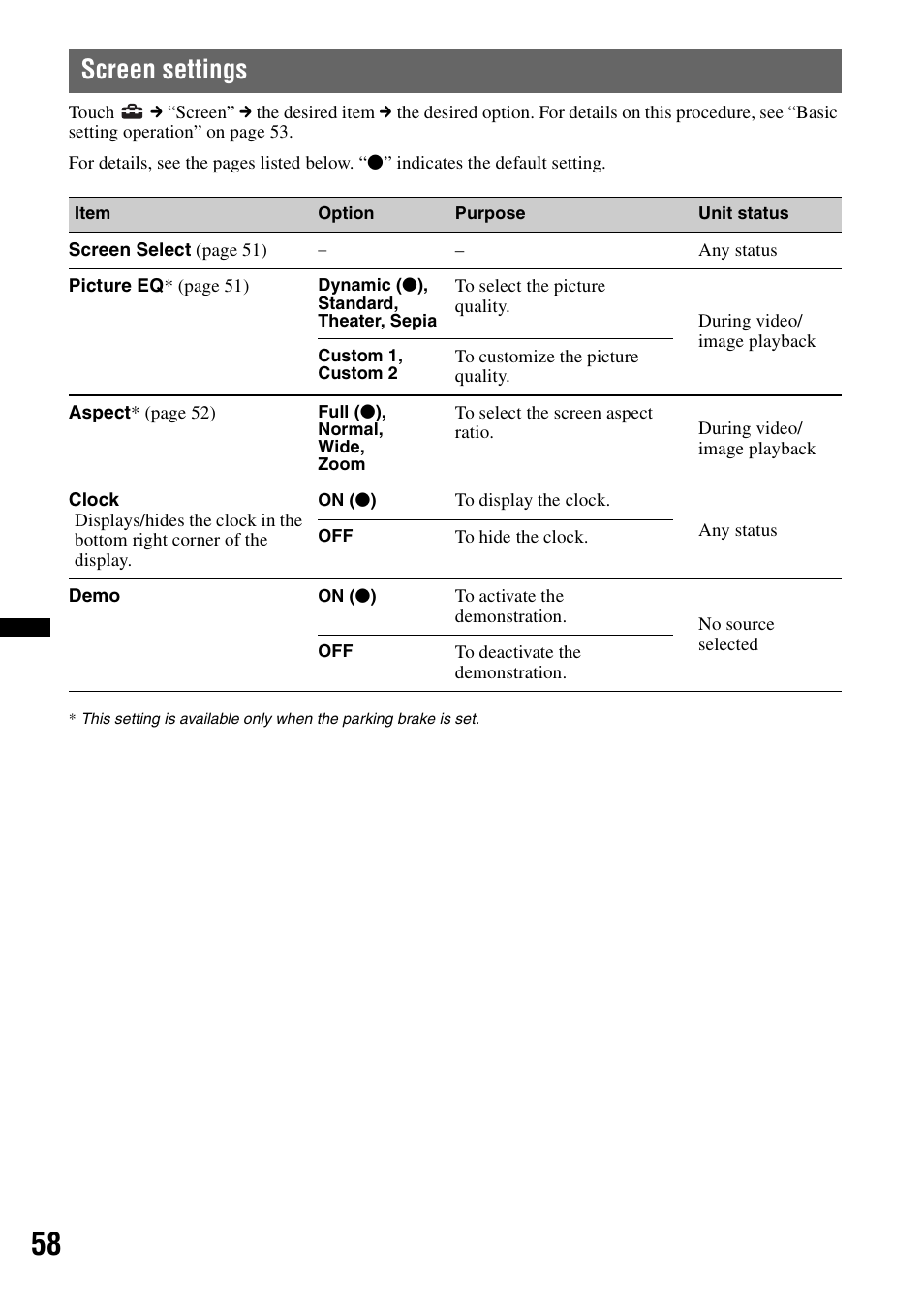 Screen settings | Sony XNV-660BT User Manual | Page 58 / 248