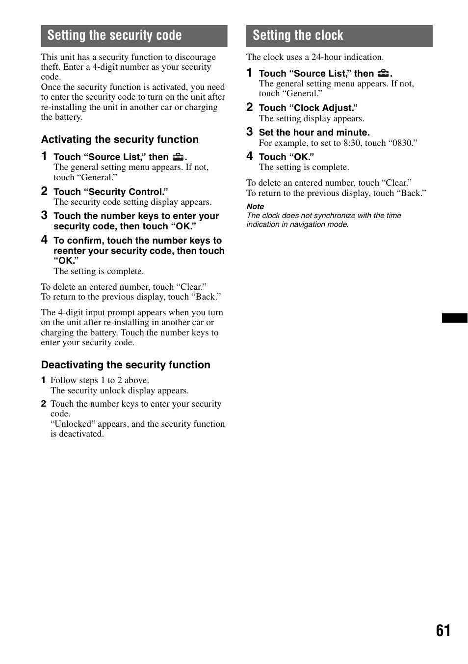 Setting the security code, Setting the clock | Sony XNV-660BT User Manual | Page 61 / 248