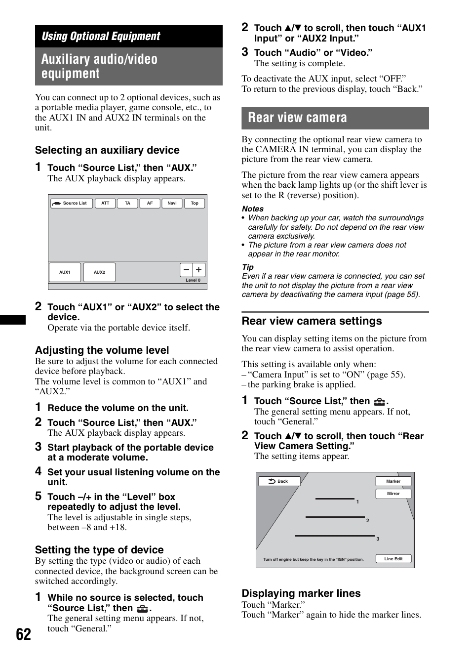 Using optional equipment, Auxiliary audio/video equipment, Rear view camera | Rear view camera settings, Selecting an auxiliary device, Adjusting the volume level, Setting the type of device, Displaying marker lines | Sony XNV-660BT User Manual | Page 62 / 248