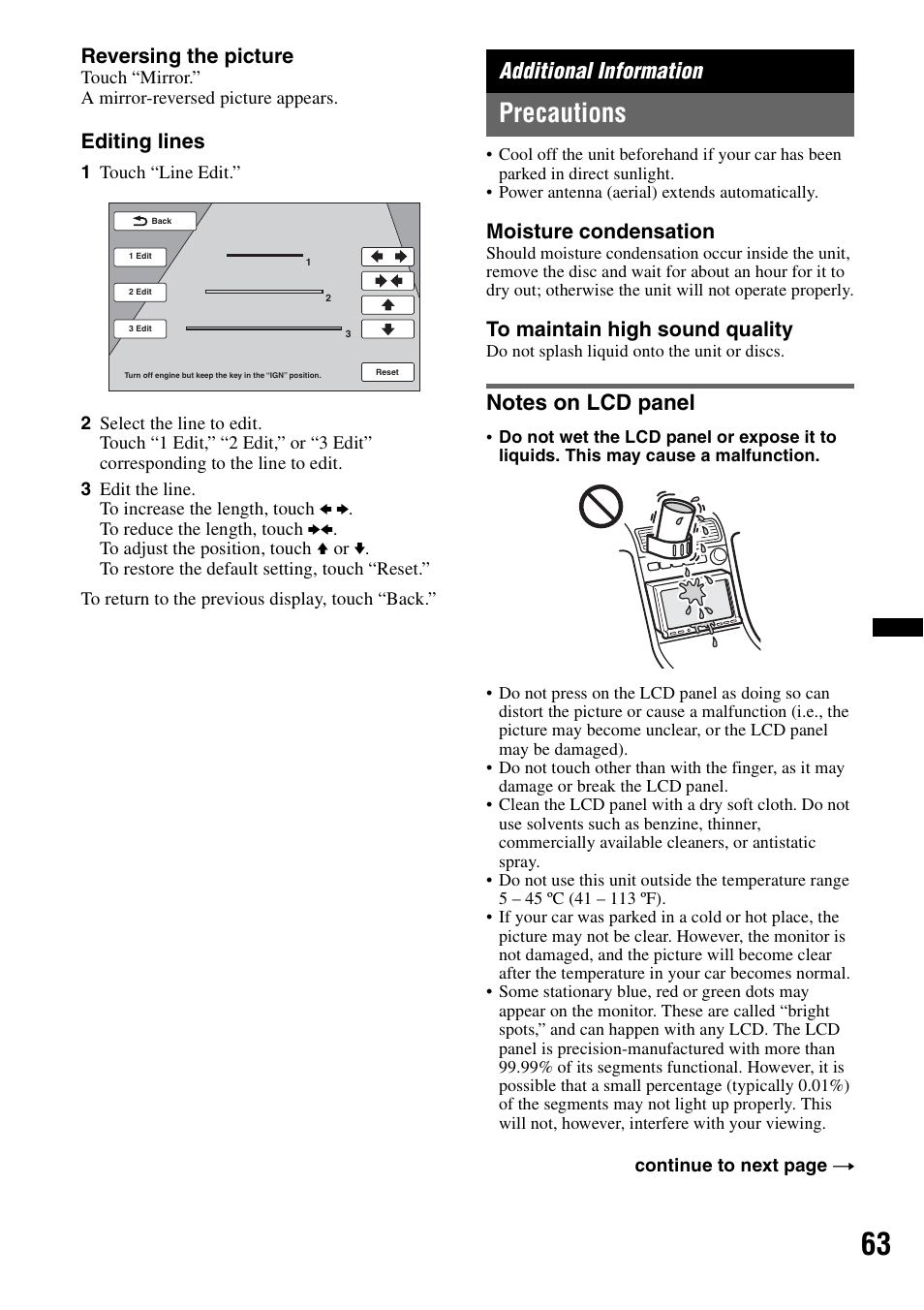 Additional information, Precautions, Notes on lcd panel | Reversing the picture, Editing lines, Moisture condensation | Sony XNV-660BT User Manual | Page 63 / 248