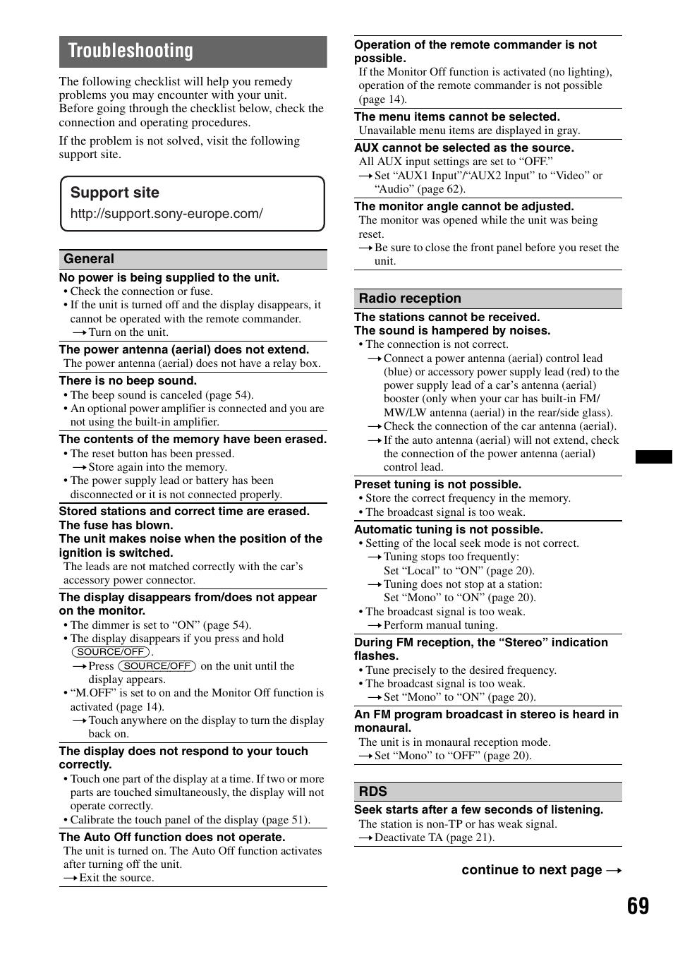 Troubleshooting, Support site | Sony XNV-660BT User Manual | Page 69 / 248