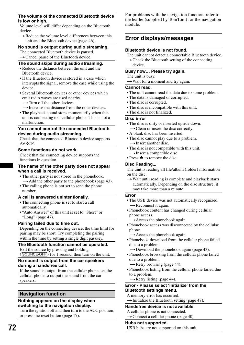Error displays/messages | Sony XNV-660BT User Manual | Page 72 / 248