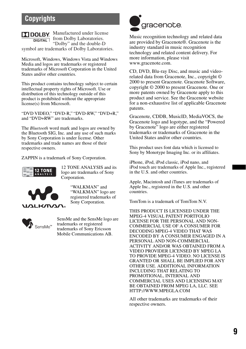 Copyrights | Sony XNV-660BT User Manual | Page 9 / 248