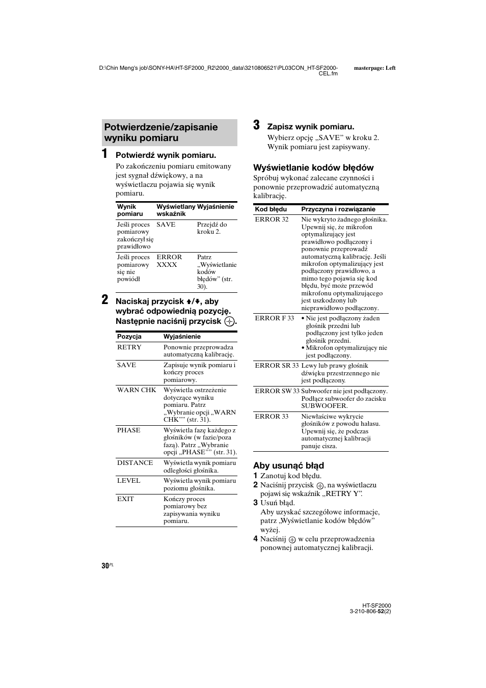Potwierdzenie/zapisanie wyniku pomiaru, Wyświetlanie kodów błędów, Aby usunąć błąd | Sony HT-SS2000 User Manual | Page 102 / 148
