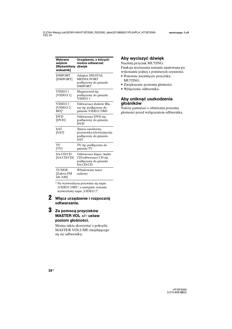 Aby wyciszyć dźwięk, Aby uniknąć uszkodzenia głośników | Sony HT-SS2000 User Manual | Page 106 / 148