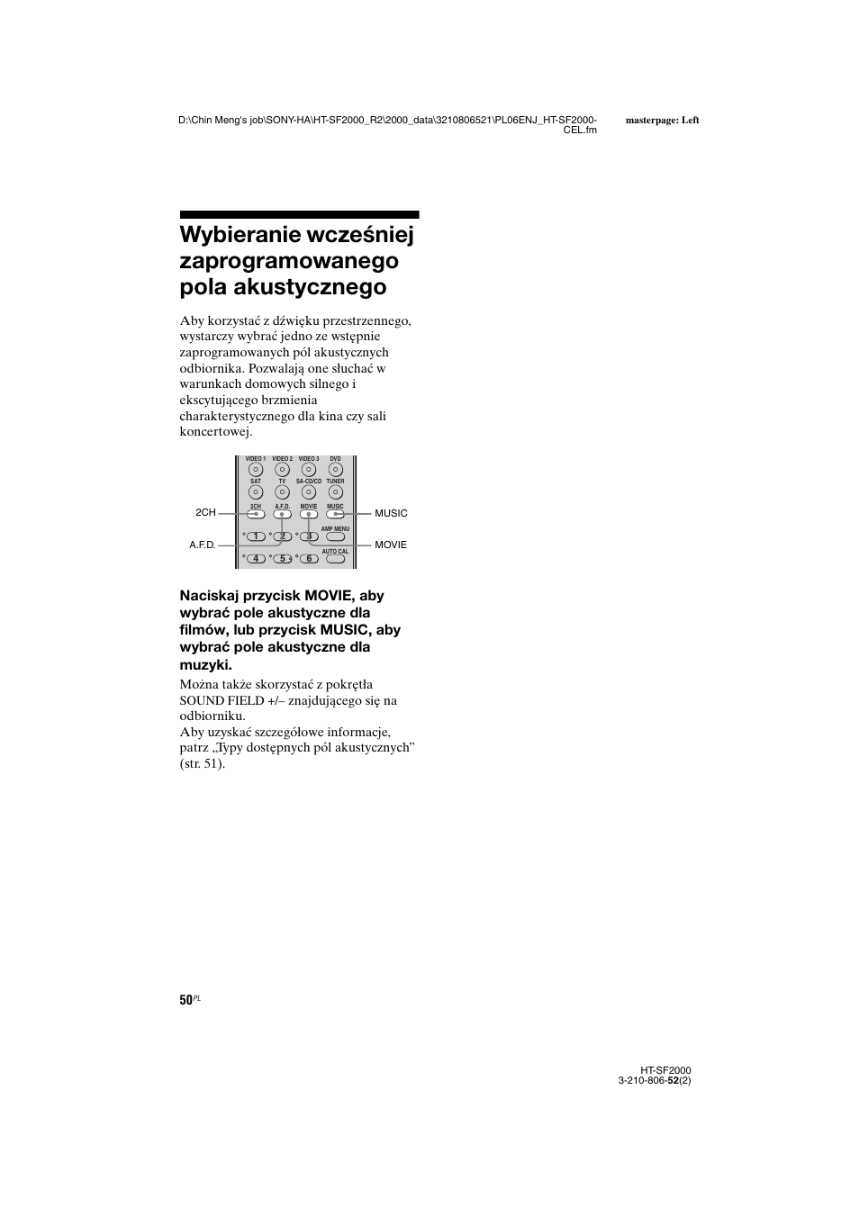 Wybieranie wcześniej zaprogramowanego, Pola akustycznego | Sony HT-SS2000 User Manual | Page 122 / 148