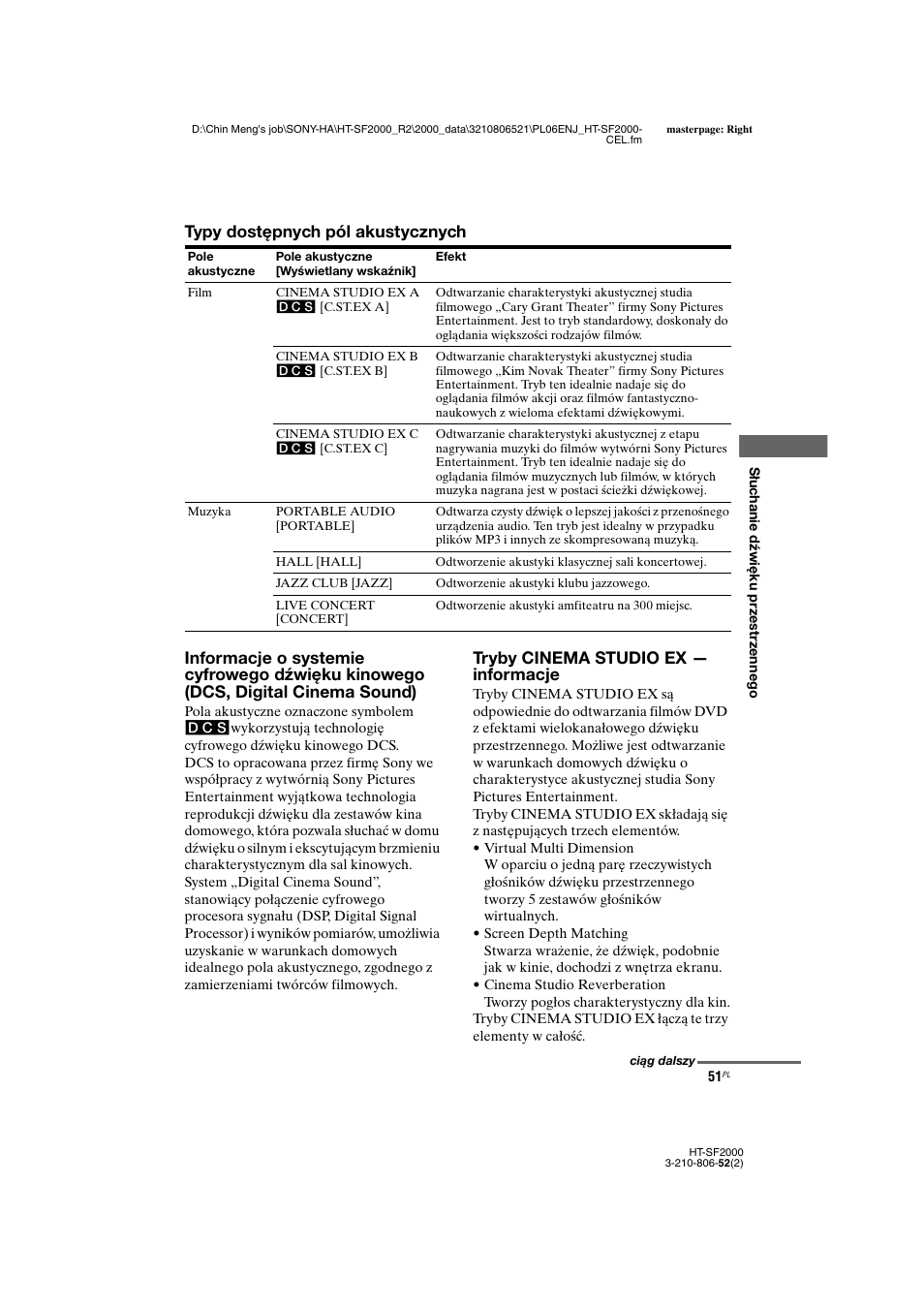 Tryby cinema studio ex — informacje | Sony HT-SS2000 User Manual | Page 123 / 148