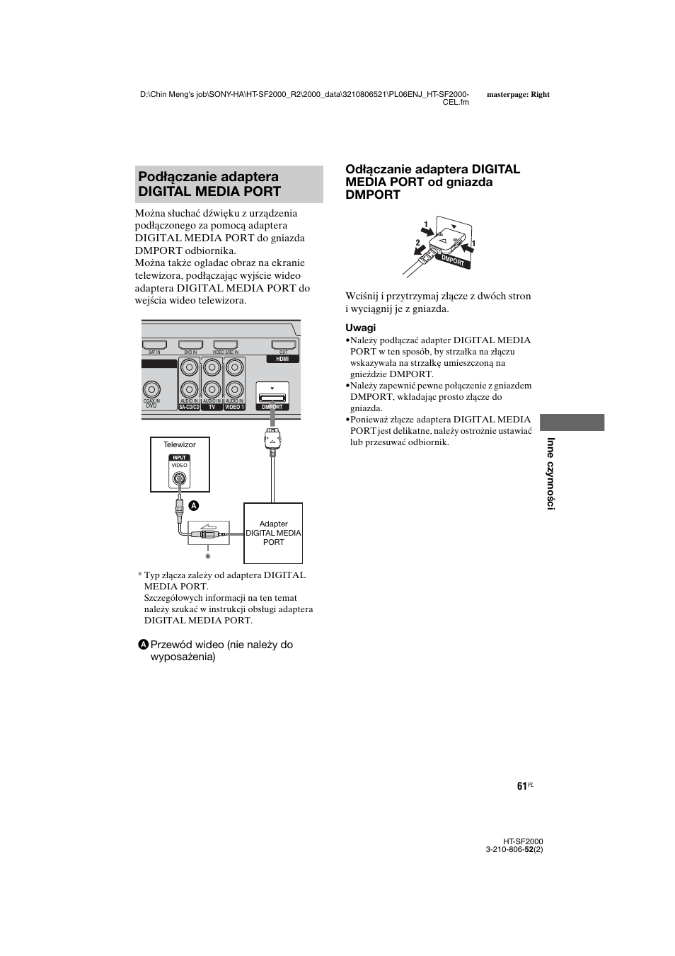 Podłączanie adaptera digital media port, Aprzewód wideo (nie należy do wyposażenia) | Sony HT-SS2000 User Manual | Page 133 / 148