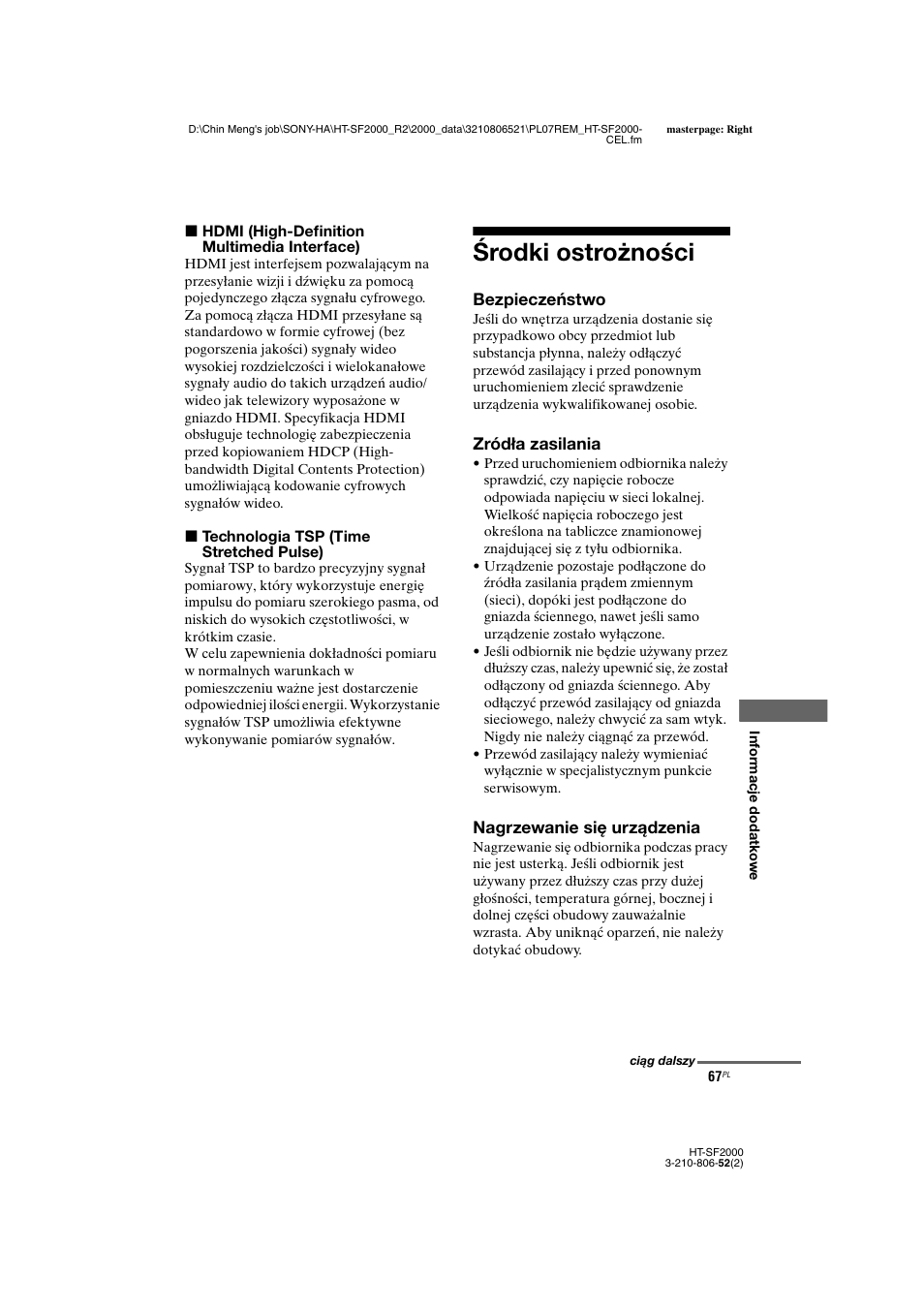 Środki ostrożności | Sony HT-SS2000 User Manual | Page 139 / 148