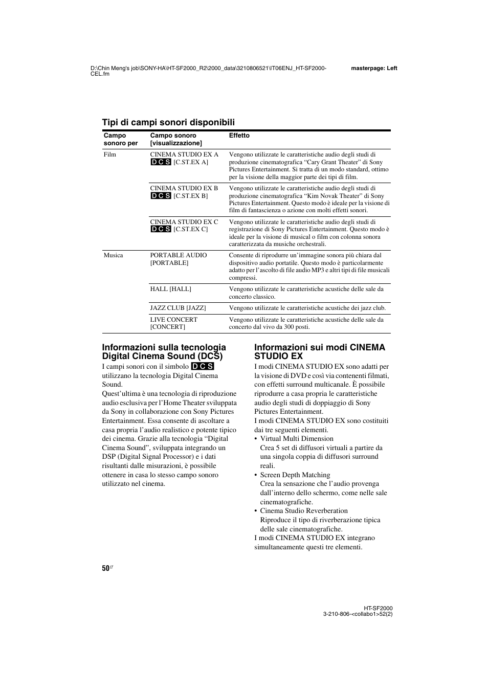 Informazioni sui modi cinema studio ex | Sony HT-SS2000 User Manual | Page 50 / 148