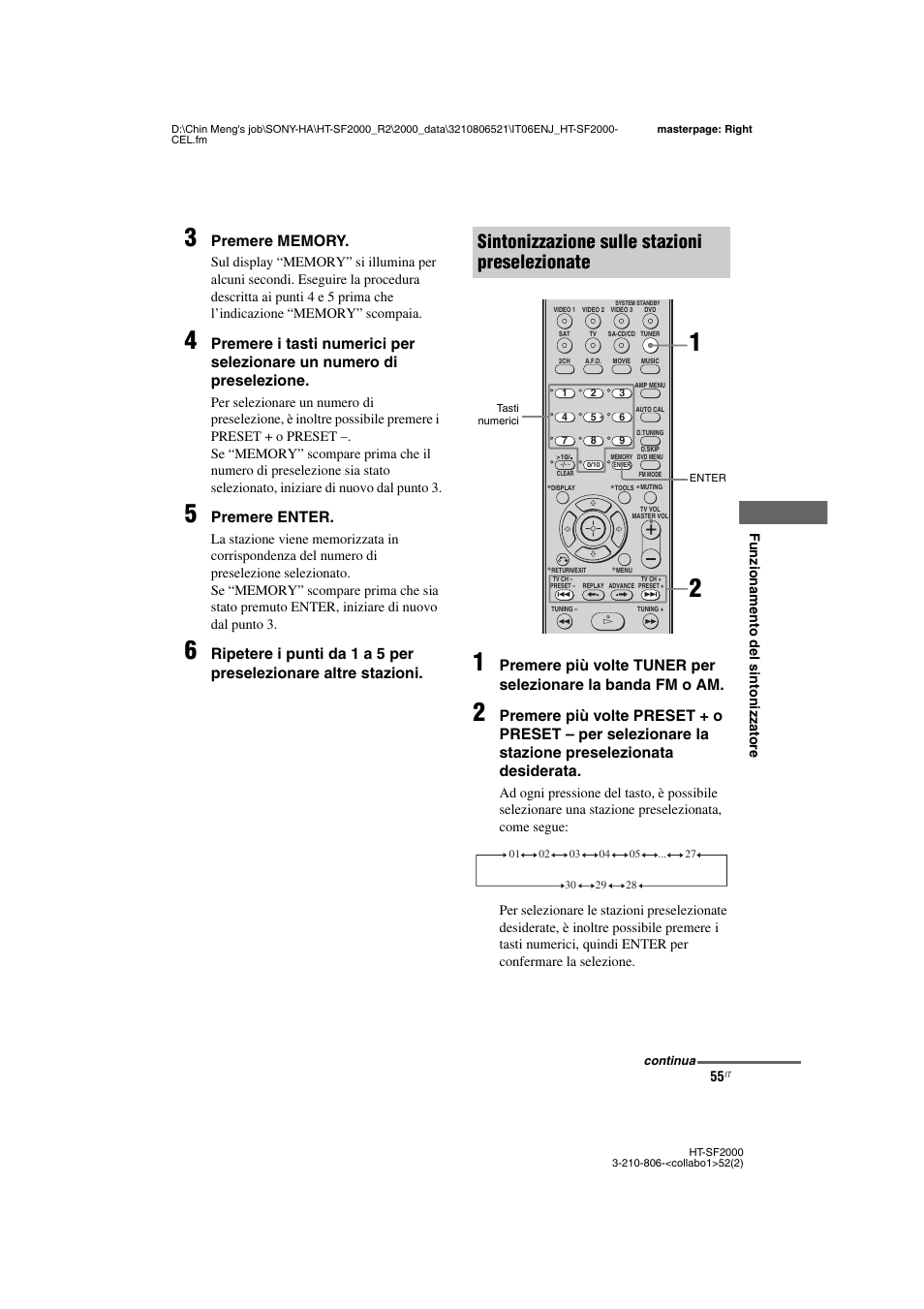 Sintonizzazione sulle stazioni preselezionate, Premere enter | Sony HT-SS2000 User Manual | Page 55 / 148