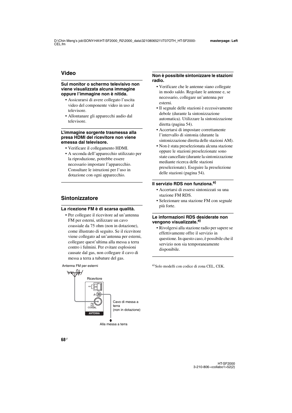 Video, Sintonizzatore | Sony HT-SS2000 User Manual | Page 68 / 148
