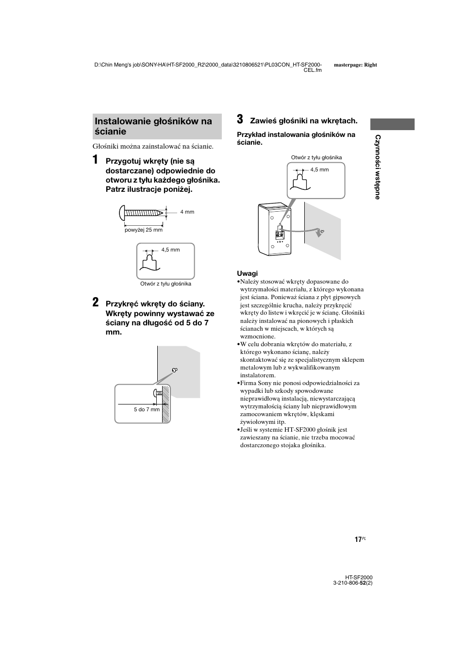 Instalowanie głośników na ścianie | Sony HT-SS2000 User Manual | Page 89 / 148
