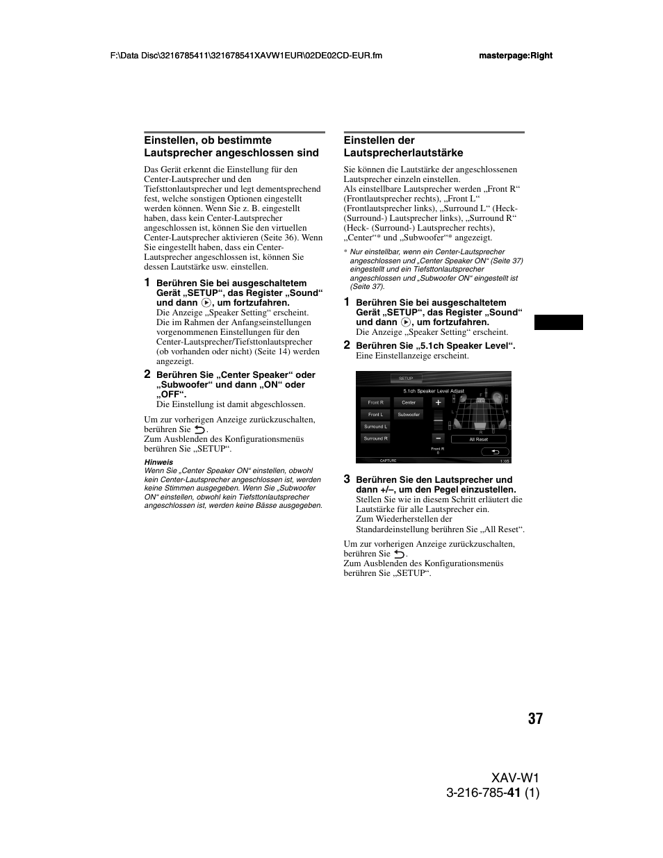 Einstellen der lautsprecherlautstärke, F seite 37 erläu, Seite 37 | Sony XAV-W1 User Manual | Page 101 / 344