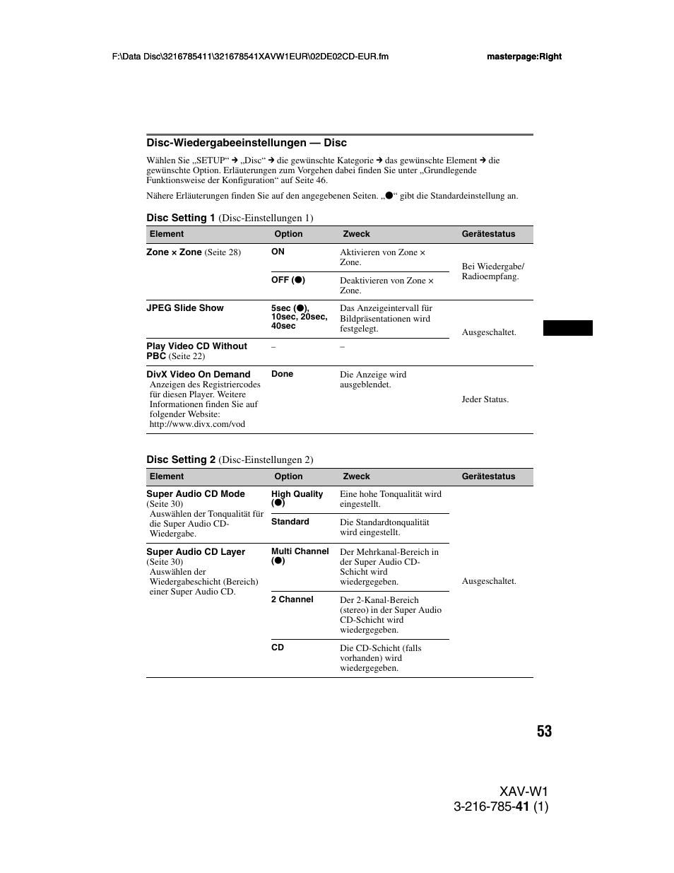 Disc-wiedergabeeinstellungen - disc, Disc-wiedergabeeinstellungen — disc, Seite 53) | Sony XAV-W1 User Manual | Page 117 / 344