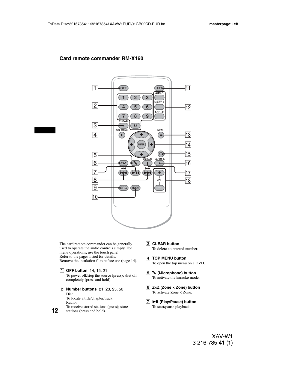 Card remote commander rm-x160 | Sony XAV-W1 User Manual | Page 12 / 344