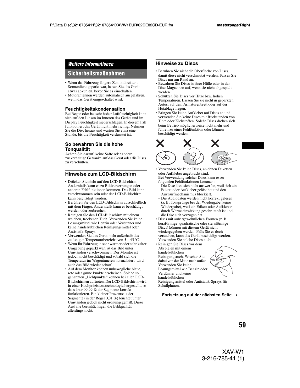 Weitere informationen, Sicherheitsmaßnahmen, Hinweise zum lcd-bildschirm | Hinweise zu discs, Hinweise zum lcd-bildschirm hinweise zu discs | Sony XAV-W1 User Manual | Page 123 / 344