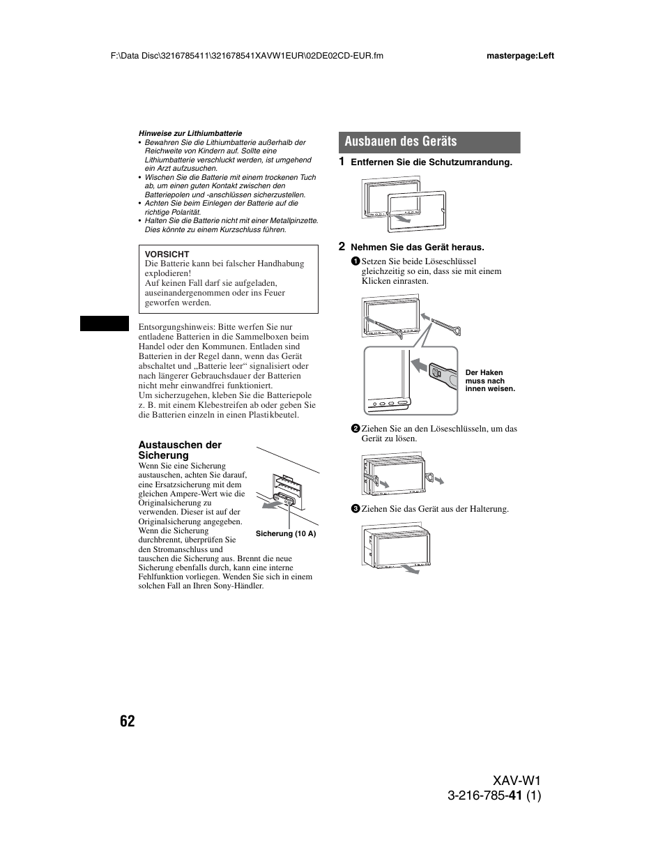 Ausbauen des geräts | Sony XAV-W1 User Manual | Page 126 / 344