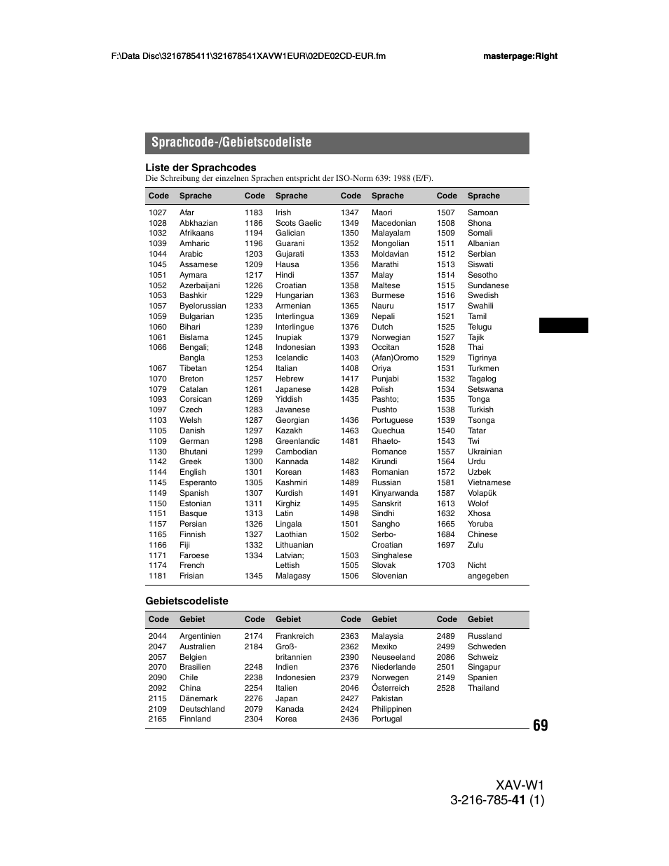 Sprachcode-/gebietscodeliste, De (seite 69 | Sony XAV-W1 User Manual | Page 133 / 344