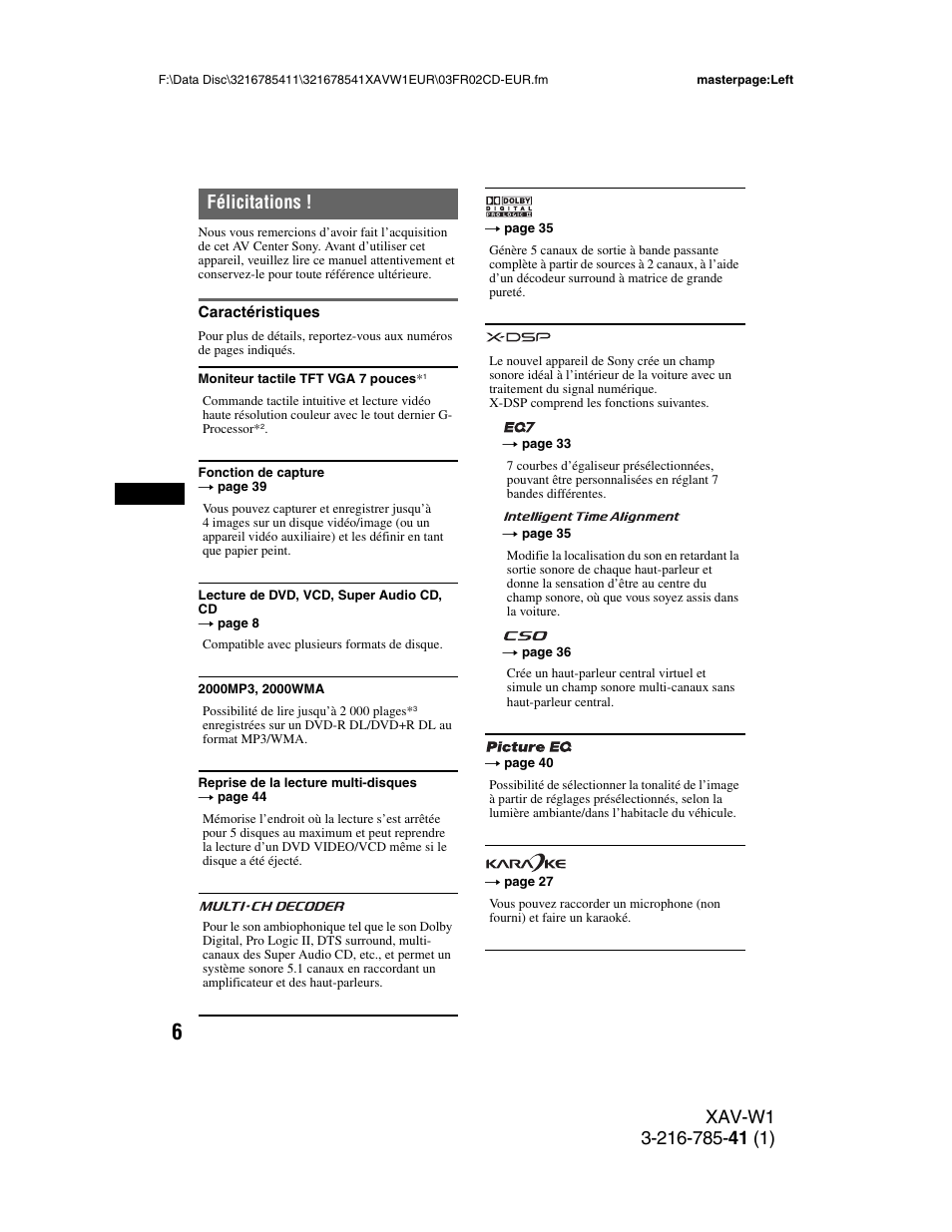 Félicitations, Caractéristiques | Sony XAV-W1 User Manual | Page 140 / 344