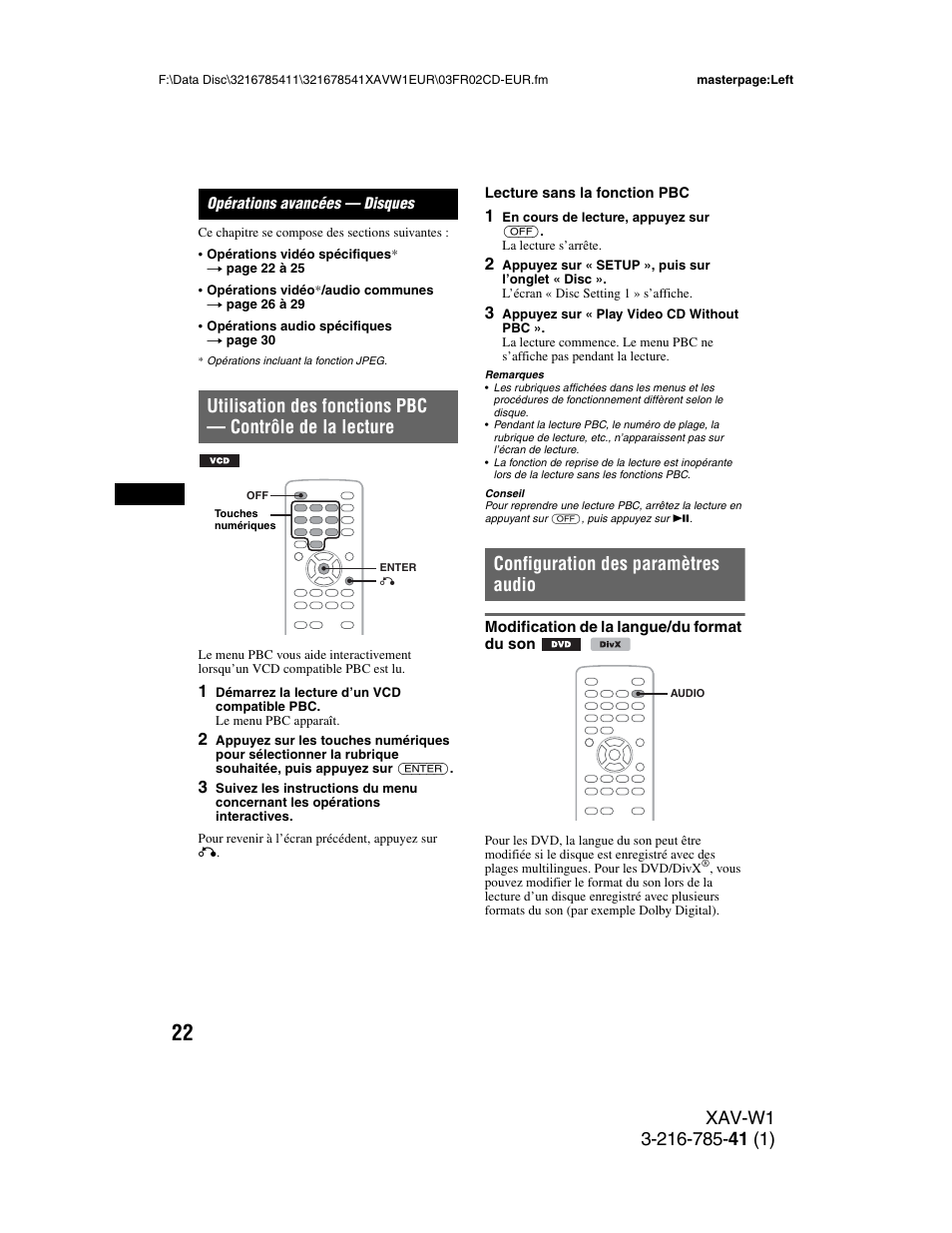 Opérations avancées - disques, Configuration des paramètres audio, Modification de la langue/du format du son | Opérations avancées — disques, Utilisation des fonctions pbc, Contrôle de la lecture, Modification de la langue, Du format du son | Sony XAV-W1 User Manual | Page 156 / 344
