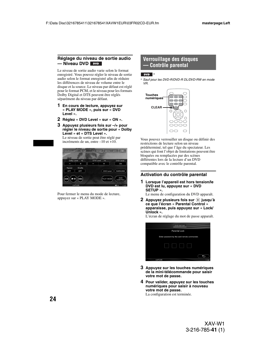 Réglage du niveau de sortie audio - niveau dvd, Verrouillage des disques - contrôle parental, Activation du contrôle parental | Réglage du niveau de sortie audio, Niveau dvd, Verrouillage des disques, Contrôle parental, Verrouillage des disques — contrôle parental | Sony XAV-W1 User Manual | Page 158 / 344