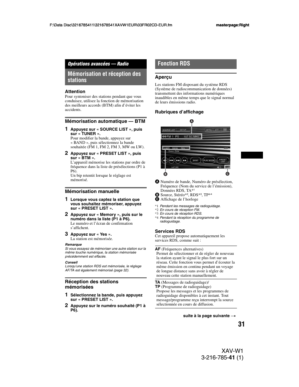 Opérations avancées - radio, Mémorisation et réception des stations, Mémorisation automatique - btm | Mémorisation manuelle, Réception des stations mémorisées, Fonction rds, Aperçu, Opérations avancées — radio, Reportez | Sony XAV-W1 User Manual | Page 165 / 344