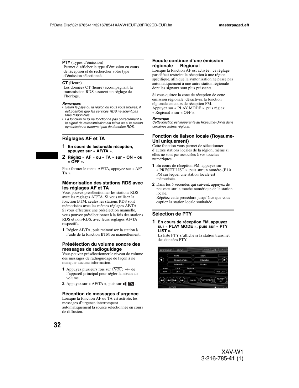 Réglages af et ta, Sélection de pty, Réglages af et ta sélection de pty | Sony XAV-W1 User Manual | Page 166 / 344
