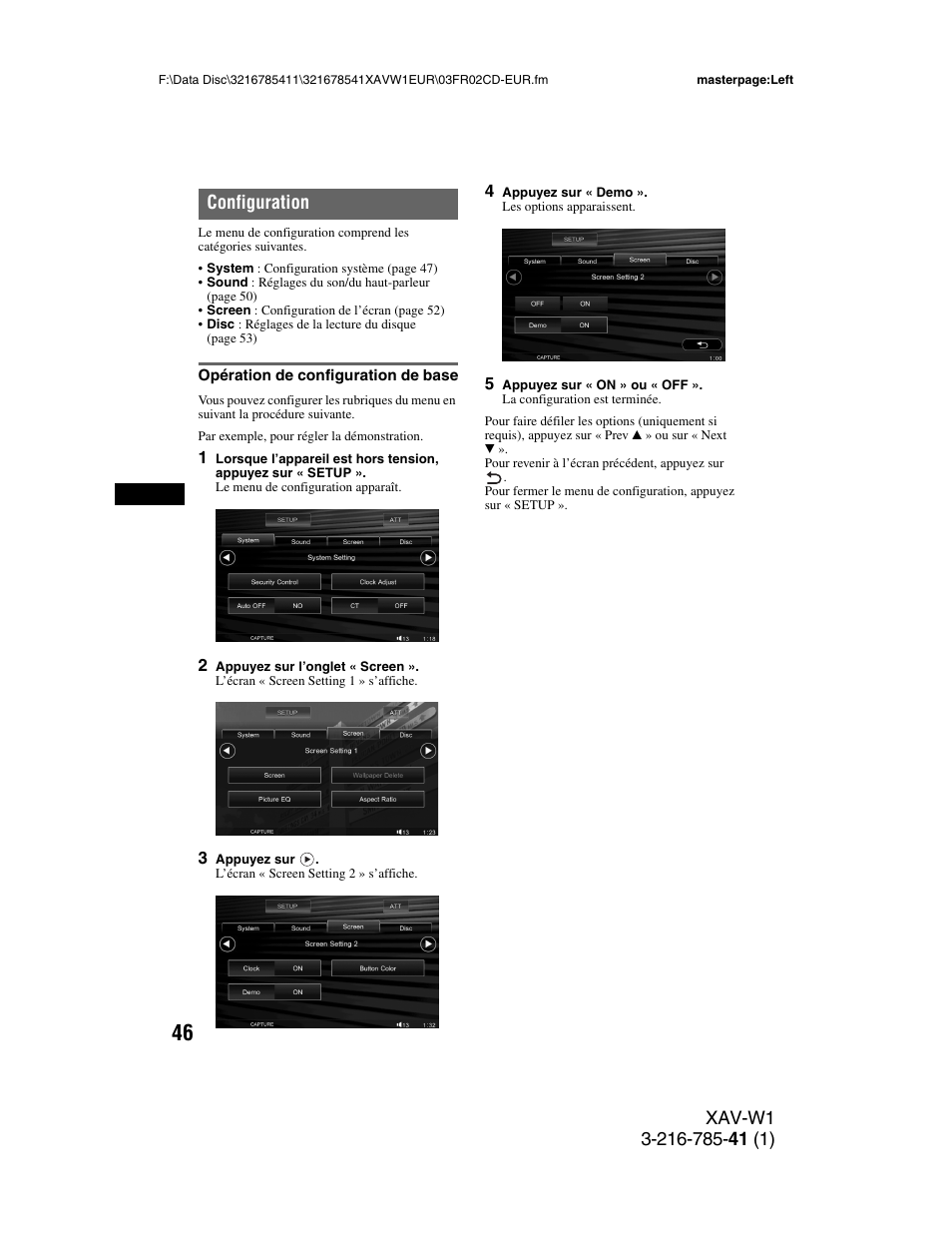 Configuration, Opération de configuration de base | Sony XAV-W1 User Manual | Page 180 / 344