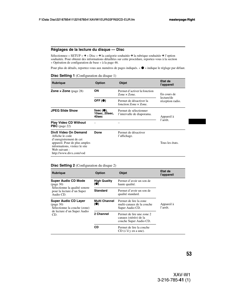 Réglages de la lecture du disque - disc, Réglages de la lecture du disque, Disc | Sony XAV-W1 User Manual | Page 187 / 344
