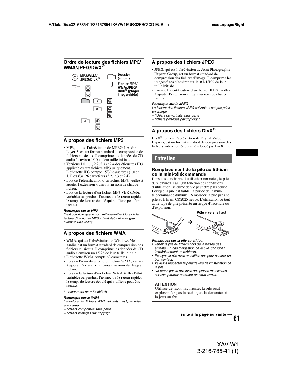 Ordre de lecture des fichiers mp3/ wma/jpeg/divx, A propos des fichiers mp3, A propos des fichiers wma | A propos des fichiers jpeg, A propos des fichiers divx, Entretien, Ordre de lecture des fichiers, Mp3/wma/jpeg/divx | Sony XAV-W1 User Manual | Page 195 / 344