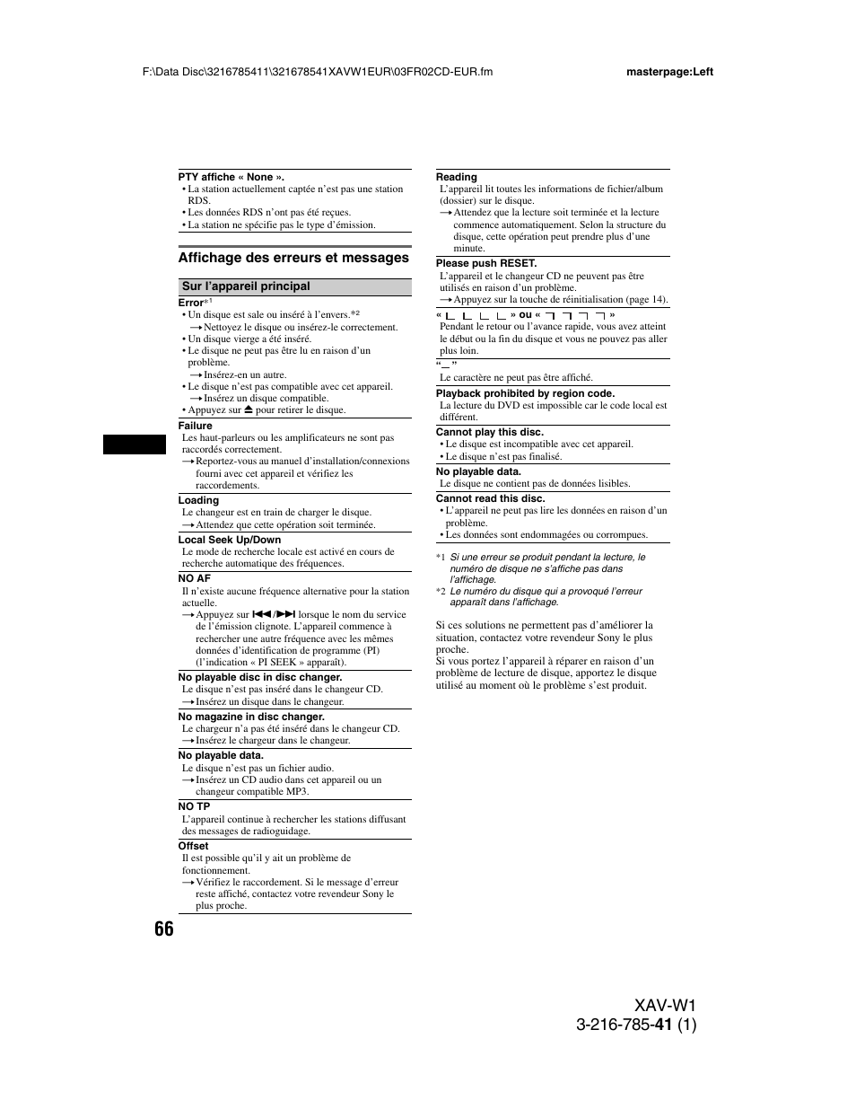 Affichage des erreurs et messages | Sony XAV-W1 User Manual | Page 200 / 344